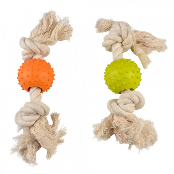 Bola de borracha texturada com corda ECO para cão