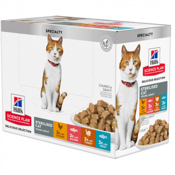 Hill'S Sterilised Young Adult - Alimento Em Molho Para Gato Jovem Esterilizado - Pack De Frango, Salmão, Peru E Truta